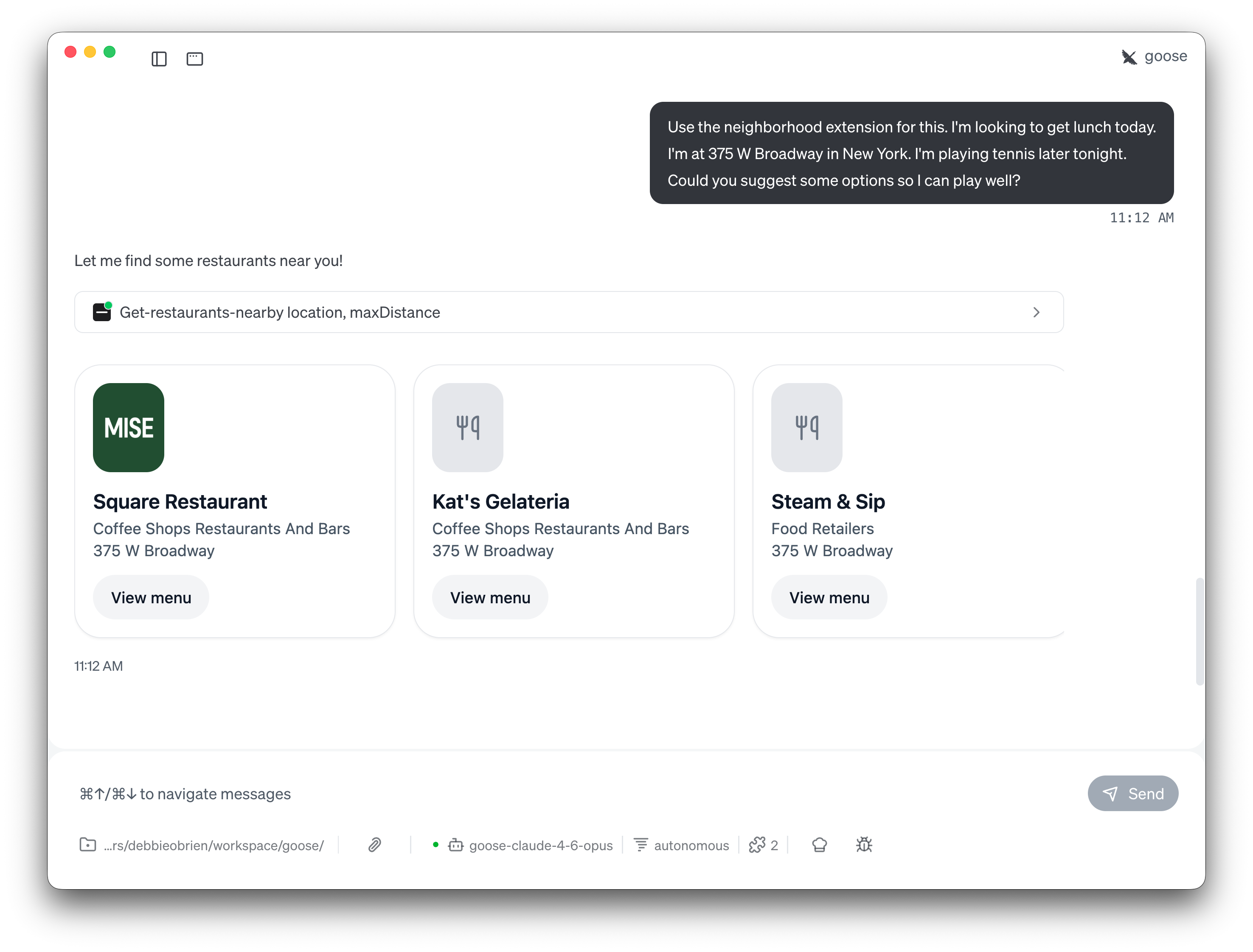 Nearby restaurants displayed as interactive cards in goose