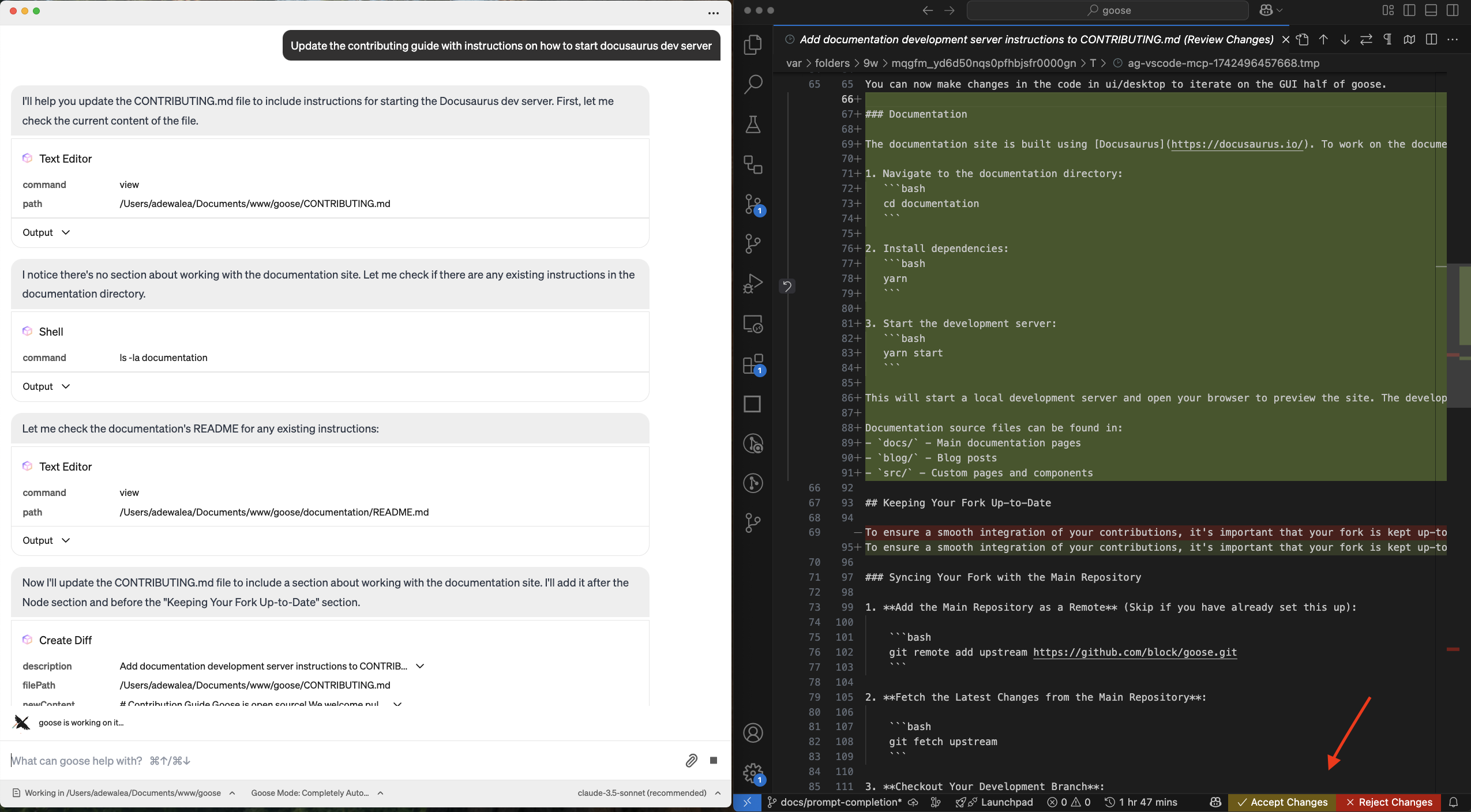session showing goose making updates and VS Code prompting user to accept or reject changes