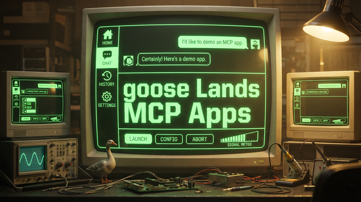 Retro 1980s hardware lab with three CRT monitors displaying "goose Lands MCP Apps" in glowing green text, with a small goose figurine on the desk