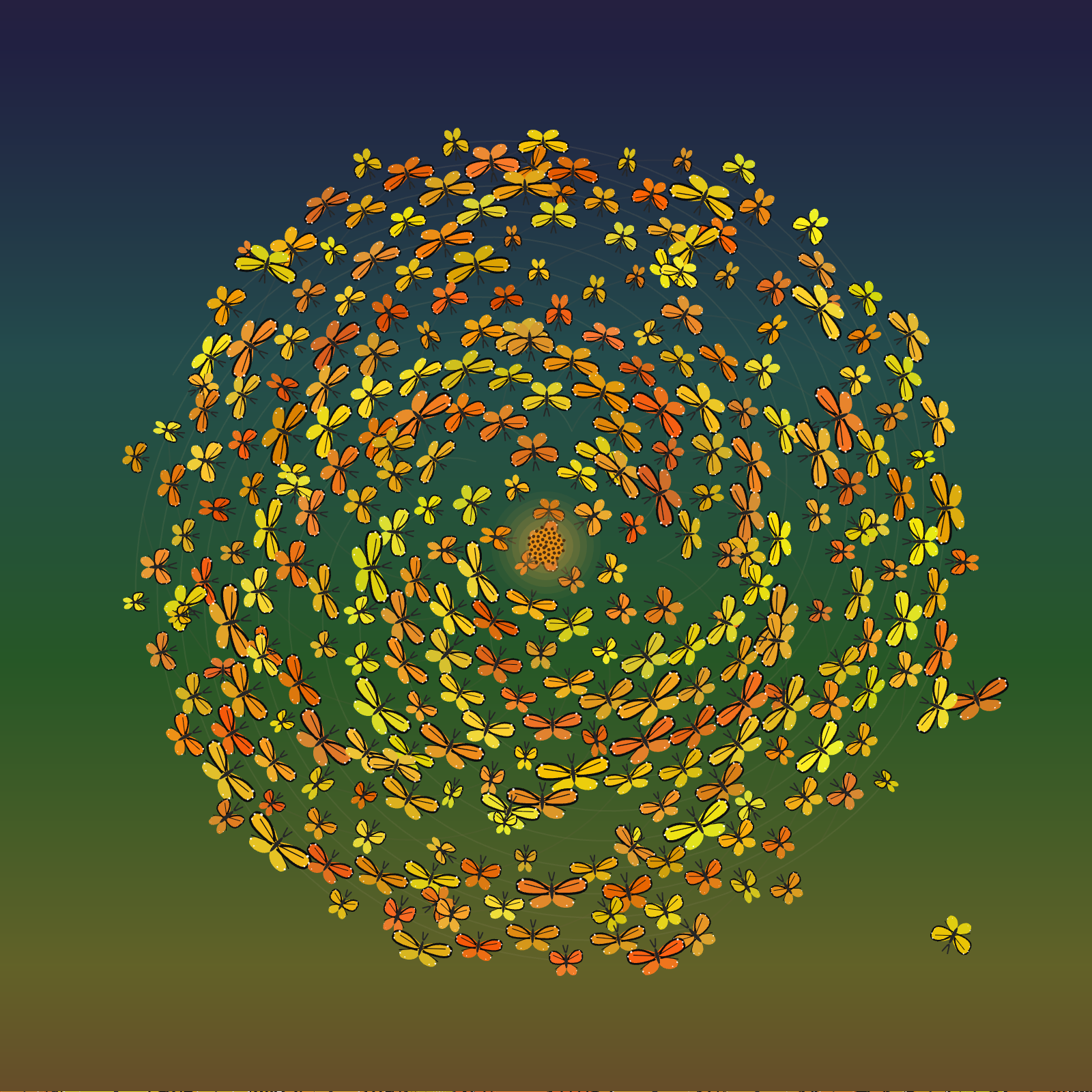 Butterflies arranged in a Fibonacci spiral