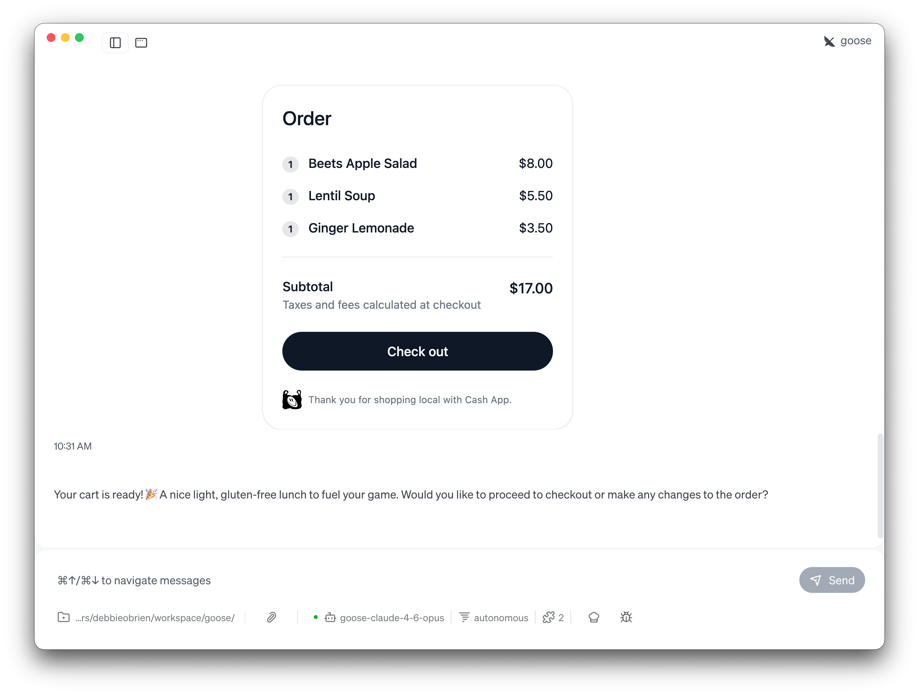 Order summary showing Beets Apple Salad, Lentil Soup, and Ginger Lemonade with subtotal and checkout button