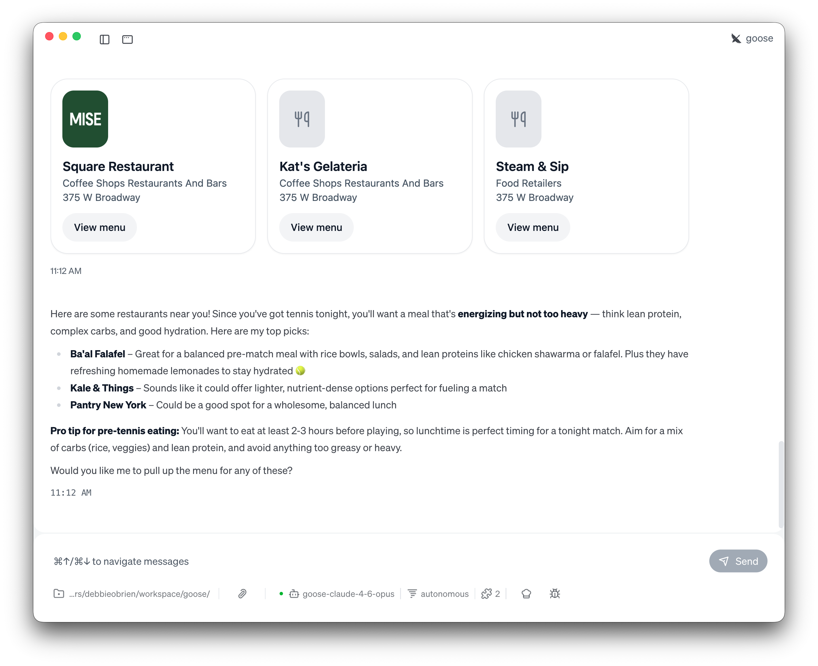 goose response with restaurant recommendations for pre-tennis meal
