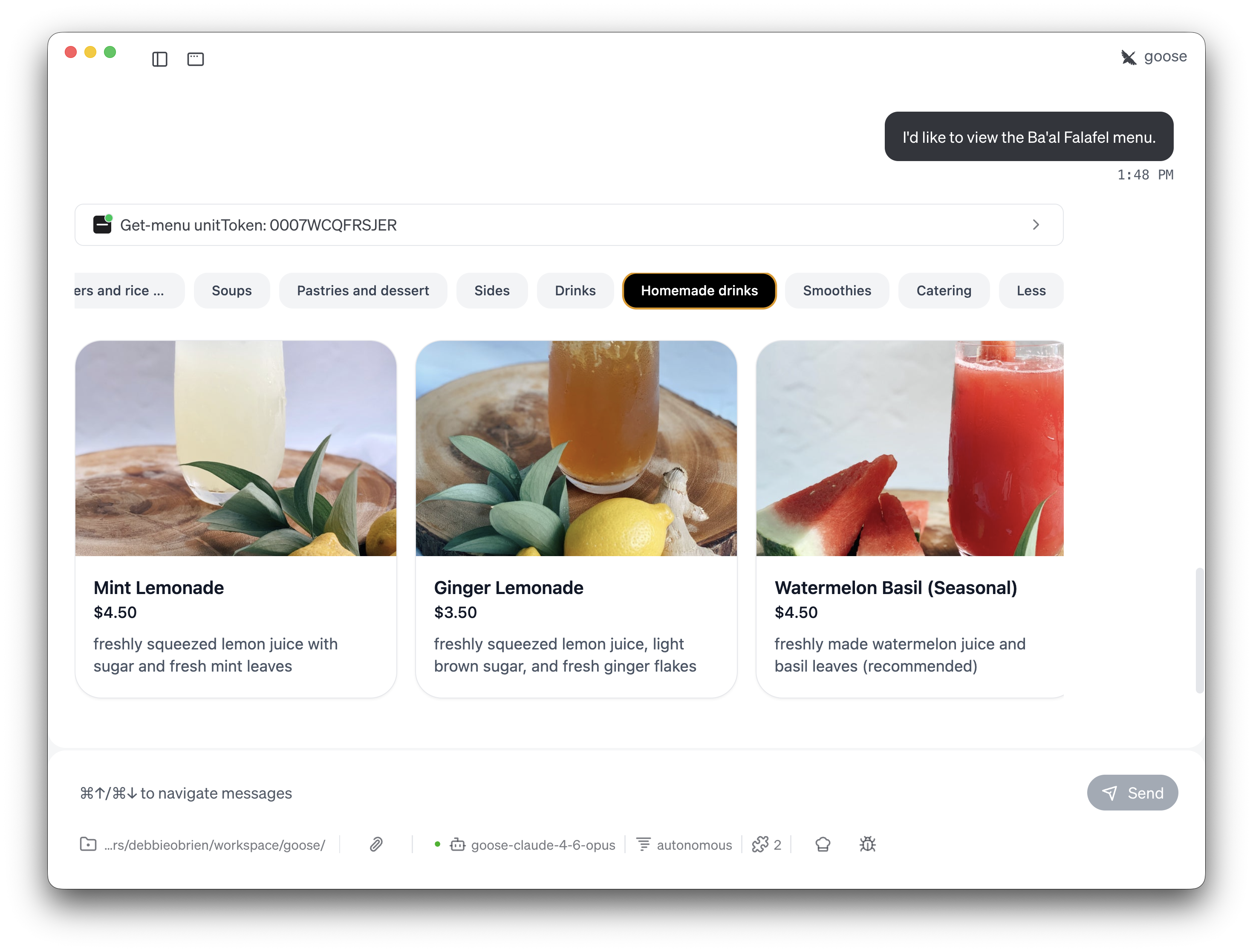 Homemade drinks tab showing Mint Lemonade, Ginger Lemonade, and Watermelon Basil with photos and prices