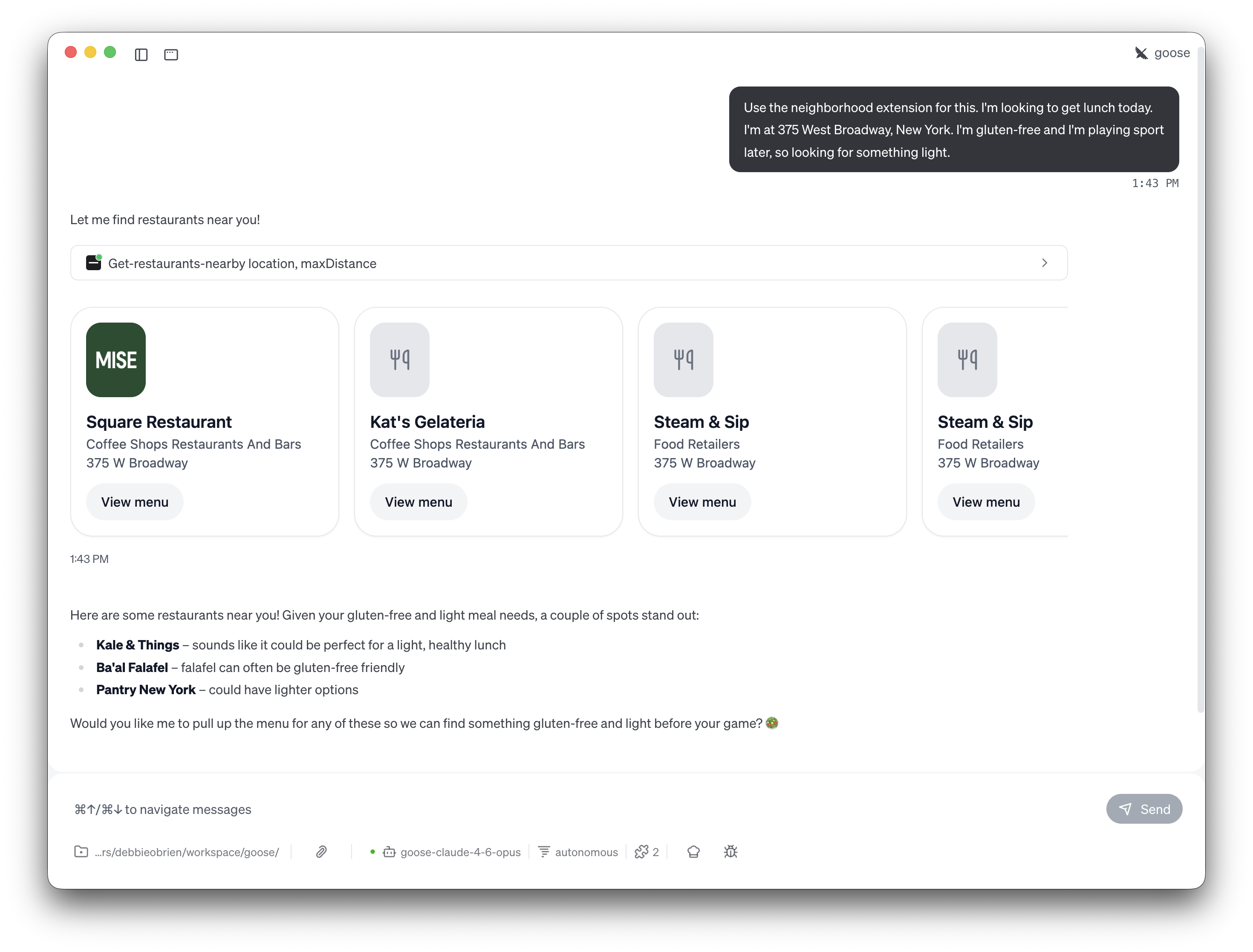 Nearby restaurants displayed as interactive cards in goose with recommendations for gluten-free and light options