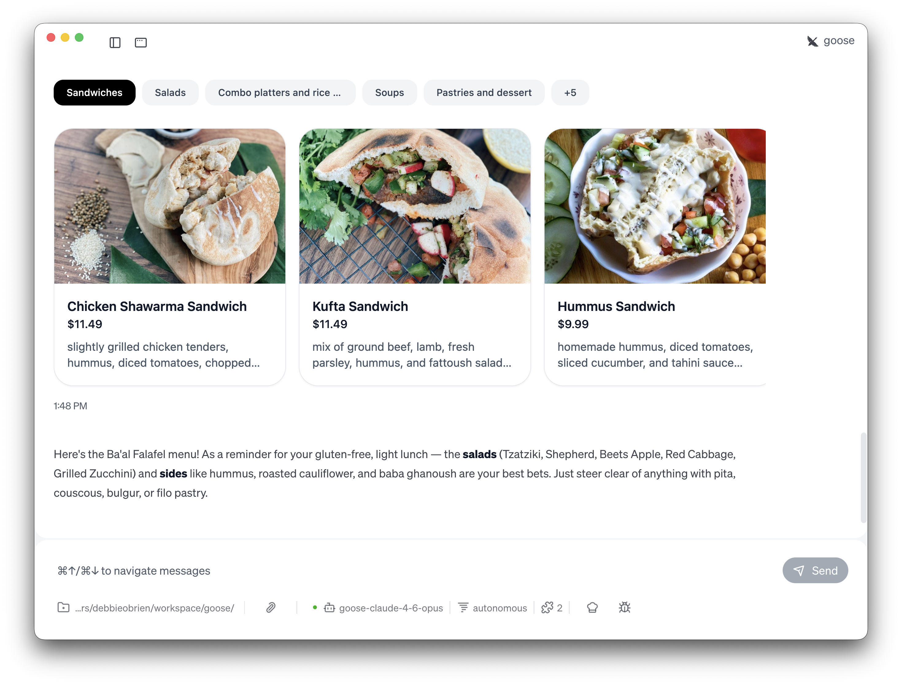 Ba'al Falafel menu showing sandwiches with food photos, prices, and descriptions inside goose