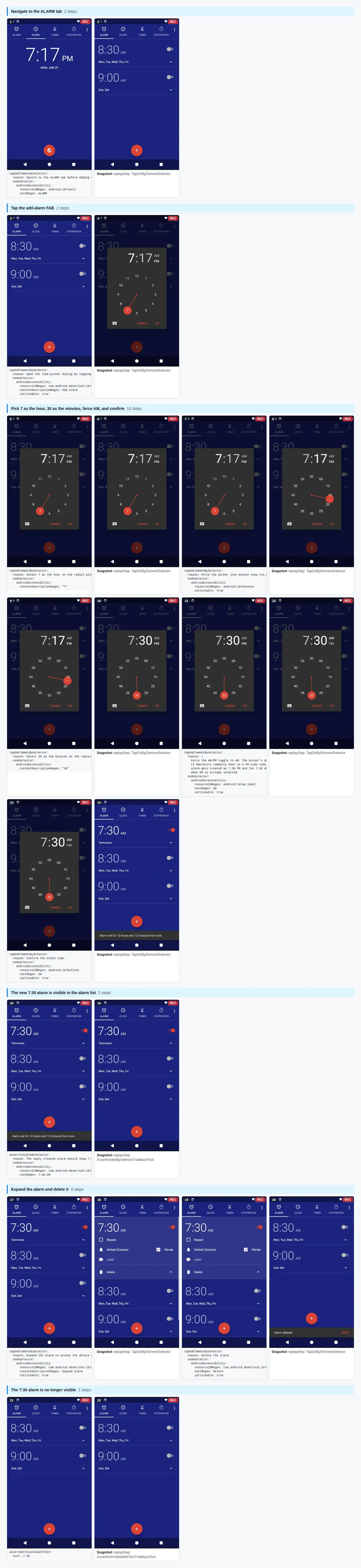 Set-alarm clock trail storyboard — every step tiled into a grid