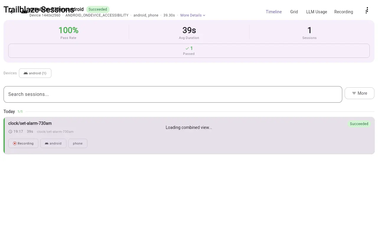Animated timeline of a recorded Trailblaze run setting an Android Clock alarm