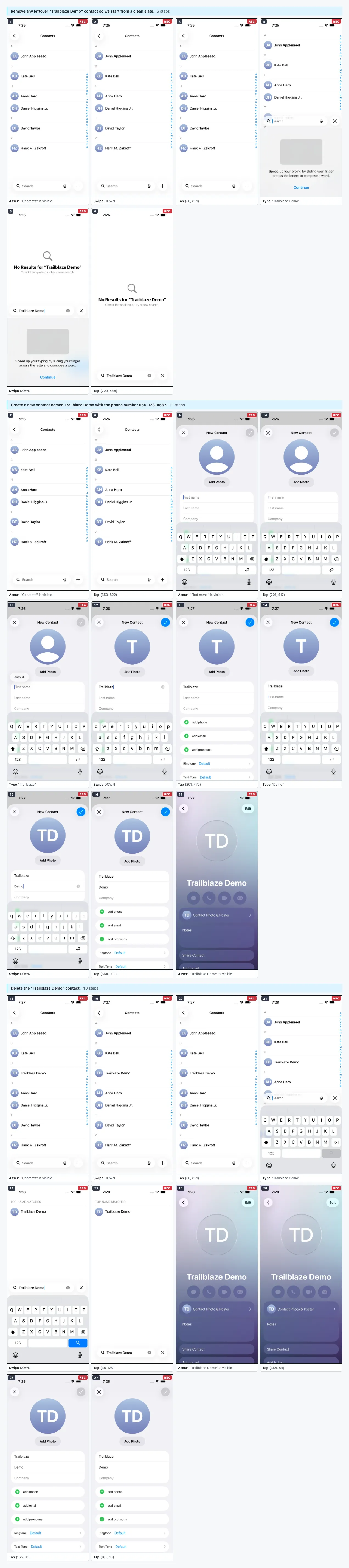 iOS Contacts trail storyboard — every step tiled into a grid