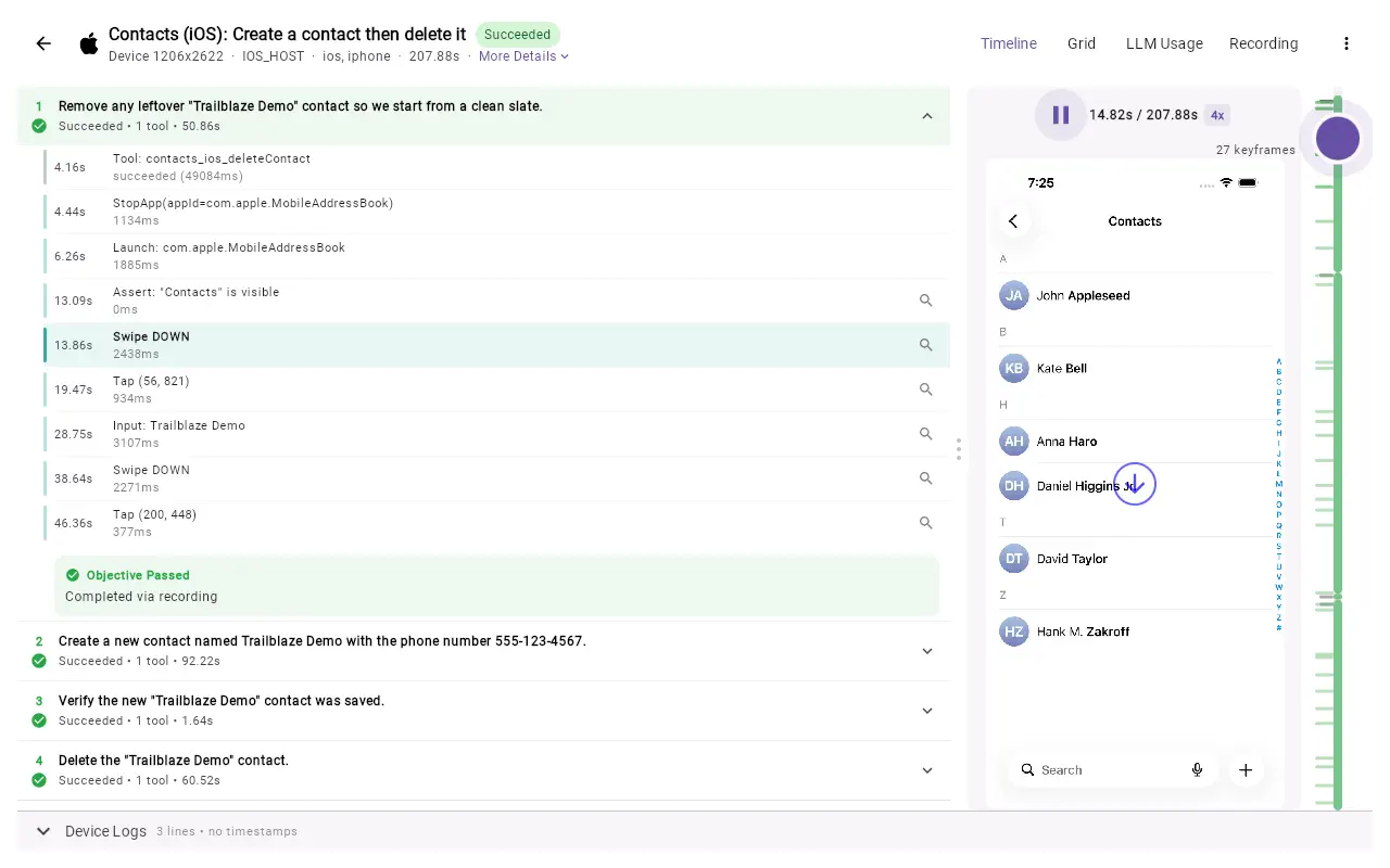 Animated timeline of a recorded Trailblaze run creating then deleting an iOS contact
